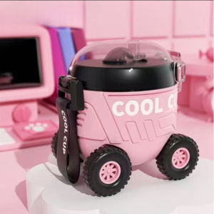 500ml Straw Cup for Kids with Wheels Cartoon Car Shaped Student Creative Water Bottle Toy Car Gift