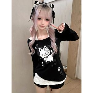 Japanese subculture anime-inspired soft and cute otaku-style adorable cat print patchwork polka dot halter-neck faux two-piece long-sleeved top