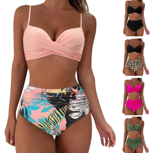 Women High Waist Swimsuit Set Two Piece Bathing Suit with High Waist Briefs Push Up V Neck Swimwears Ruched Swimsuit