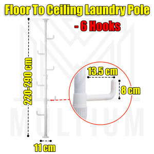 Floor to Ceiling Drying Pole Adjustable Standing Laundry Tension Rod with Hooks Multi-functional Drying Stand for Drying or Hanging Scarfs Hats Caps Towels Clothes Blouses Bags and Coats Suitable in Bedroom Balcony Living Room and Bathroom