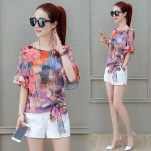 HerStore Women Floral Chiffon Summer Dress Women Short Sleeved Loose Lace Cover Belly Ocean Top