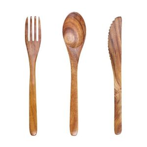 SWALLOWED Kitchen Home Acacia Wooden Portable Dinnerware Tableware  Fork Spoon Cutlery Utensils Set