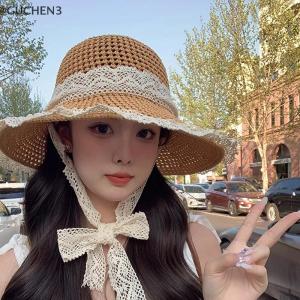 GUCHEN3🦋 Phụ nữ ren visors hat rộng vành lớn bãi biển Mũ mùa hè Mũ Rơm có thể gập lại Sun hat thời trang bãi biển UV bảo vệ cap