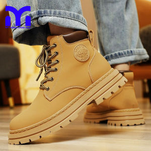 Thick-soled British style boots mens motorcycle boots classic retro big toe ankle boots lace-up high-top yellow boots versatile.