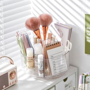 ชั้นวางปากกาแบบหมุนได้360องศาสำหรับจัดวางกล่องเก็บของตั้งโต๊ะทรงถัง Tempat Pena Meja