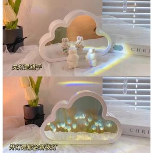 🎁 Original Product + FREE Shipping 🎁 Handmade DIY Cloud Tulip Mirror Small Night Light INS Girl Heart Living Room Desktop Decoration Birthday Gift Home Decoration