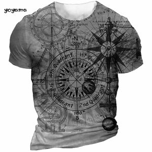 Vintage Mens T-Shirt 3D Compass Printed Short Sleeve T-Shirt Round Neck Street Top Summer Mens Loose Outdoor Casual Clothing
