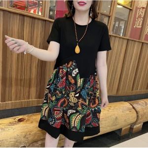 Fake Two-piece Dress for Women 2023 Summer New Print Patchwork Fashion Loose Dress