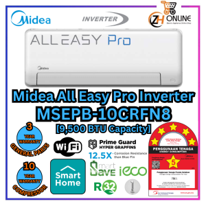 Midea 1.0HP-3.0HP All Easy Pro Series R32 5 Star Inverter Aircon Wall Mounted Split Air-Condtioner Built-In WiFi Control MSEPB-CRFN8