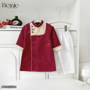 Set áo dài cách tân kèm quần cho bé trai gấm vân mây Minh quân mặc Tết 11 đến 28kg BERNIE H0925B34