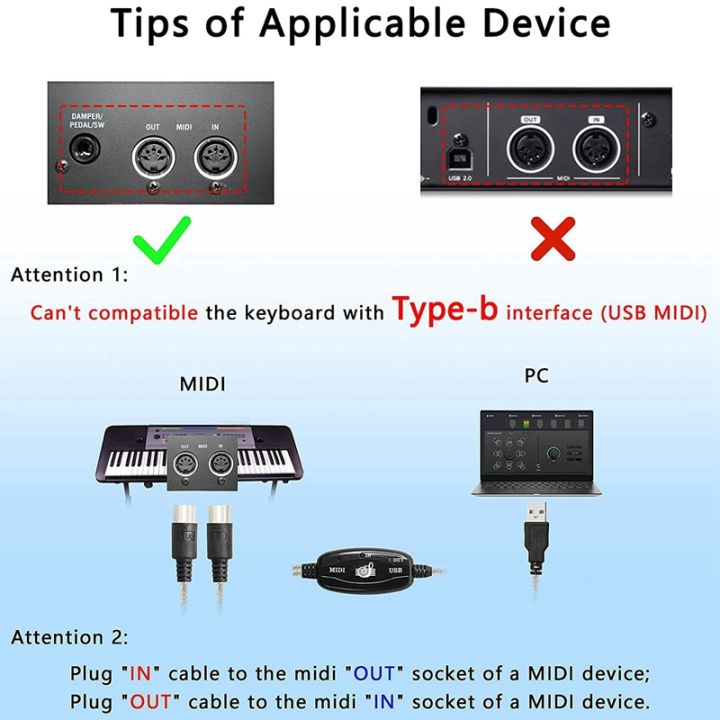 USB MIDI Cable Adapter, USB Type A Male to MIDI Din 5 Pin InOut Cable
