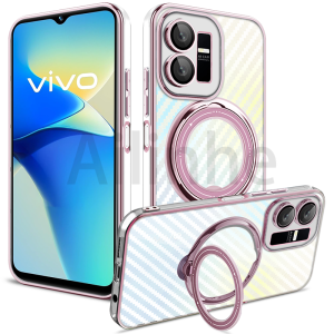 For VIVO Y02S Y11 Y12 Y12A Y12S Y15 Y16 Y17 Y20 Y22S Y35 Case Carbon Fibre Transparent Laser Shockproof Armor Holder Ring Stand Phone Back Cover