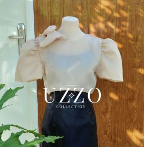 UZZO Puff Sleeves Square Neck Casual Modern Filipiñana Top Blouse Cotton Beige Champagne Comfort Light Elegant