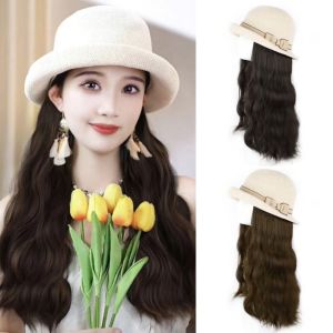 SUTONGXUE Tổng hợp Tóc Giả Mũ ngư dân nơ Tóc Giả Mũ tai bèo Tóc Giả mũ che nắng mùa hè Nối tóc Lông mịn Tóc Giả mũ dài lượn sóng Phụ nữ