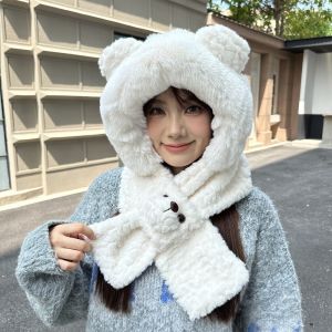 THANKSKY Phim hoạt hình Mũ tai gấu Màu sắc đồng nhất Ấm áp Khăn choàng nhung 2 trong 1 Mềm mại Chống gió Khăn quàng cổ mùa đông Quý cô