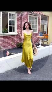 2025Elegant Silk Dopaamine Strap Dress Women Summer Inner Wear Mid-Length Satin Acetate Design Slim Fit Long Dress09/08