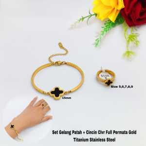 Set Gelang Patah+Cincin Bunga Grigi Full Permata Diamond Mewah Anti Luntur Titanium Stainless Steel