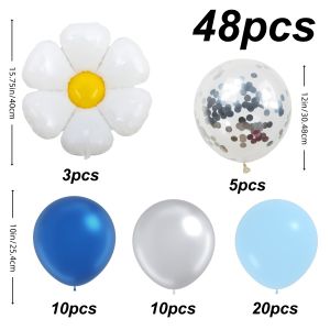 48pcs balloon set blue and silver daisy-themed balloons with small daisy foil balloons suitable for daisy-themed party decorations birthday parties outdoor party decorations spring-themed decorations and party balloon decorations.