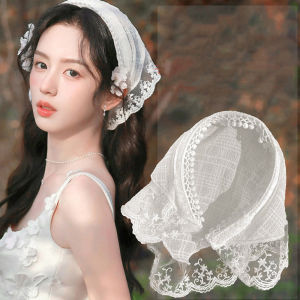 Salime White Lace Headscarf Pastoral Style Headscarf Triangular Scarf Women Retro Headscarf Hat Travel Photo Headband Hair Accessories