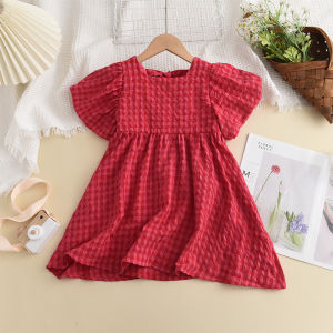 Menoea ชุดเด็กผู้หญิงลายแฟชั่นเวอร์ชันเกาหลีชุดเจ้าหญิงแขนแบบฟูสั้นลายตารางหมากรุกสีแดงเสื้อผ้าลำลองสำหรับเด็กอายุ3-7ปี