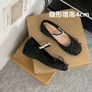 Free Shipping Rhinestone-Inlaid 5Cm Height-Increasing Ballet Flats WomenS Autumn New Collection Satin Bow-Knot Single Shoes