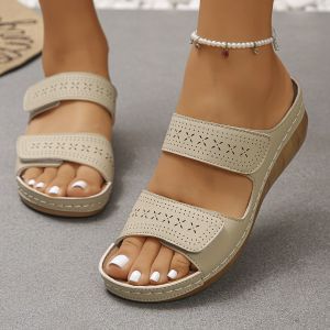 [Free Shipping] Plus-Size Hollowed-Out Thick-Soled Sandals For Women Featuring Retro Stitching A Wedge Heel And A Lightweight Design Perfect For The Beach