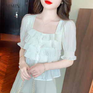 AMMIN 2022ฤดูร้อนใหม่สแควร์คอหวานนัวเนียเย็บเสื้อชีฟองแขนสั้นสไตล์เกาหลีของผู้หญิงเก๋สไตล์สั้นพัฟแขนเสื้อที่สง่างามหญิง Ins ท็อปส์