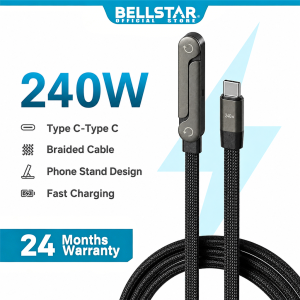 BELLSTAR 240W Type C to Type C Fast Charging Cable 90 Degree Elbow Foldable Phone Stand Braided Wayar Cas Pantas