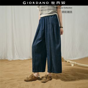 Giordano Women Pleated pockets wide leg ankle length denim pants Free Shipping 18426608