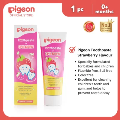 Pigeon Official - Toothpaste Strawberry 0+ Months 1pc - 100% Food Grade Ingredients SLS/Fluoride Free Safe if swallowed Gentle on new milk teeth made with Xylitol agent Co-developed with Pediatric Dentist Japan No. 1 Brand