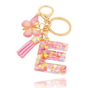 Pink Sparkle Resin Keychain 26 Letter Initial Keychain Butterfly Charm Cute Girly Accessory Bag Pendant Keyring Gift for Women Girls Friends
