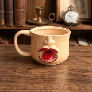 OKKFINE Abstract Face Ceramic Mug Comfortable Handle 3D Tongue Face Mug Gifts Irregular Shape Novelty Coffee Mug Home Drinkware