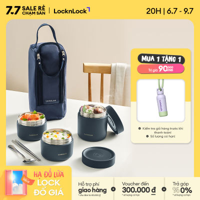 LHC8052S01 - Bộ hộp cơm giữ nhiệt Lock&Lock Pump Vacuum Lunch box - Gồm 2 hộp 300ml, 1 hộp 500ml, thìa đũa, túi quai xách - Hàng chính hãng