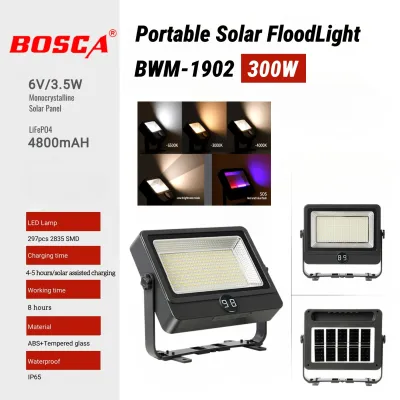 BOSCA 150W 300W Portable Solar FloodLight 5 Lighting Mode 3 Color Dimming Flood Light Warning Light Power Bank BWM-1901 BWM-1902