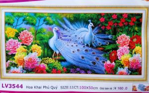 Tranh thêu chữ thập chim công Hoa khai phú quý (về tự thêu) LV3544