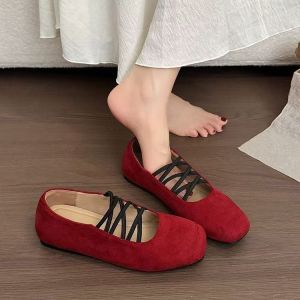 Free Shipping Square-Toe Criss-Cross Strap WomenS Shoes 2026 Autumn New Korean Style Flat Shoes Shallow-Mouth Soft-Soled Ballet Flats