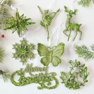 NEXTGENYUN Green Christmas Tree Pendant Sparkle Powder Decorative Snowflake Elk Ballet Girl Pendants Creative Gold Sequins Christmas Decorations Home Decoration