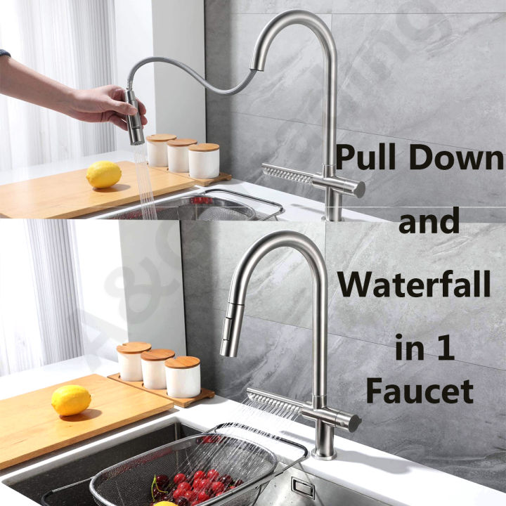 2 in 1 Kitchen Faucet 304 Stainless Pull Down and Water Fall Faucet Hot