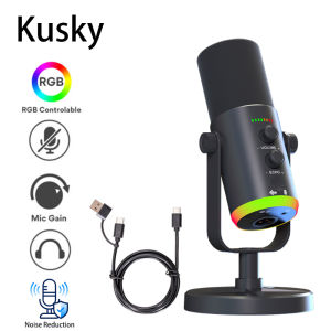 KUSKY USB/XLR Noise Canceling Dynamic Microphone for Podcasting Gaming Streaming Mic with RGB Light Mute Button Noise Cancellation Desktop Stand