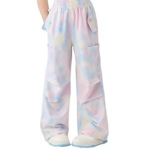 WARMSUN Quick Dry Tie-dye Cargo Pants Korean Style Mosquito Proof Wide Leg Pants Colorful Ice Silk Loose Fit Trousers Big Kids Size