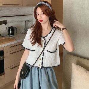 Aó len cộc tay KHUY MỞ PHỐI VIỀN 2 TÚI TRƯỚC nhẹ nhàng thanh lịch dành cho bạn NỮ