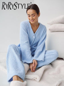 Blue Woolen Warm Winter Womens Pajamas Single-Breasted V-Neck Women Pajama Full Sleeve Double Pockets Sleepwear 2024 New