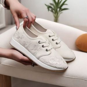 ZEEMIN Womens Flat Sole Embroidered Canvas Shoes Spring Autumn New Soft Sole Round Toe Lace Up Ethnic Style Light Casual Sports Shoes