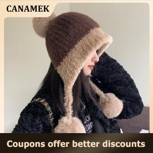 【 CANAMEK 】 Fluffy Plush Women Beanie Cap Winter Warm Big Pompom Knitted Ear Protection Hat Windproof Snow Ski Female Earmuffs Caps