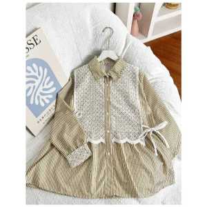 PROMOO!!!Blouse Salur kombinasi brukat Premium kemeja Lngan panjang motif stripe