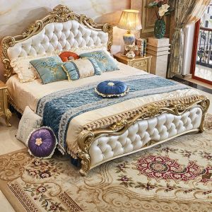 Champagne European Bed Frame Gold Luxury Leather Hotel European King Queen Size Bed Modern Bed Frame Katil Mewah