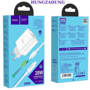 HOCO Bộ Cáp Sạc Củ Sạc Nhanh HOCO - C80A Cao Cấp 20W Kết Hợp 2 Cống USB+Type-C Kèm Cáp C To Lightning. HUNGZADUNG