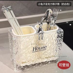 OHHDEER Rabbit Acrylic Chopstick Holder Wall-mounted Chopsticks Tube Spoon Knife Fork Tableware Drain Rack Organizer 小兔筷子筒