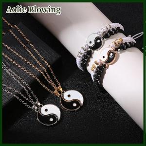 Aolie 2Pcs Tai Chi Yin Yang Couple Bracelets Necklaces Set Pendant Adjustable Braid Chain Bracelet Matching Lover Bracelets Choker