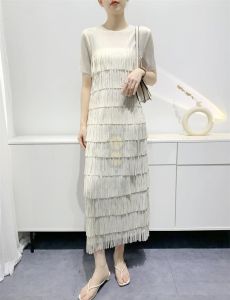 ♦● Aiden001 Average Size (45-70Kg) Summer Pleated Loose High Elastic Non-Iron Long Tassel Pressed Pleated Womens Dress 2507
